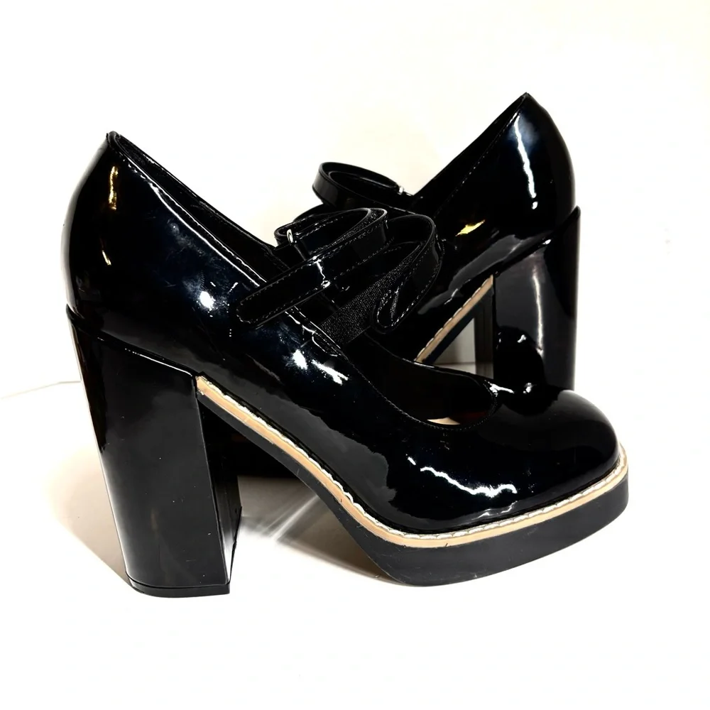 STEVE MADDEN Platform Twice Patent Black Mary Jane Squared Heel Shoes Size 8 - Picture 8 of 10